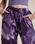 Magic Waters Drop Pocket Pants in Dark Lavender front close up on Alex
