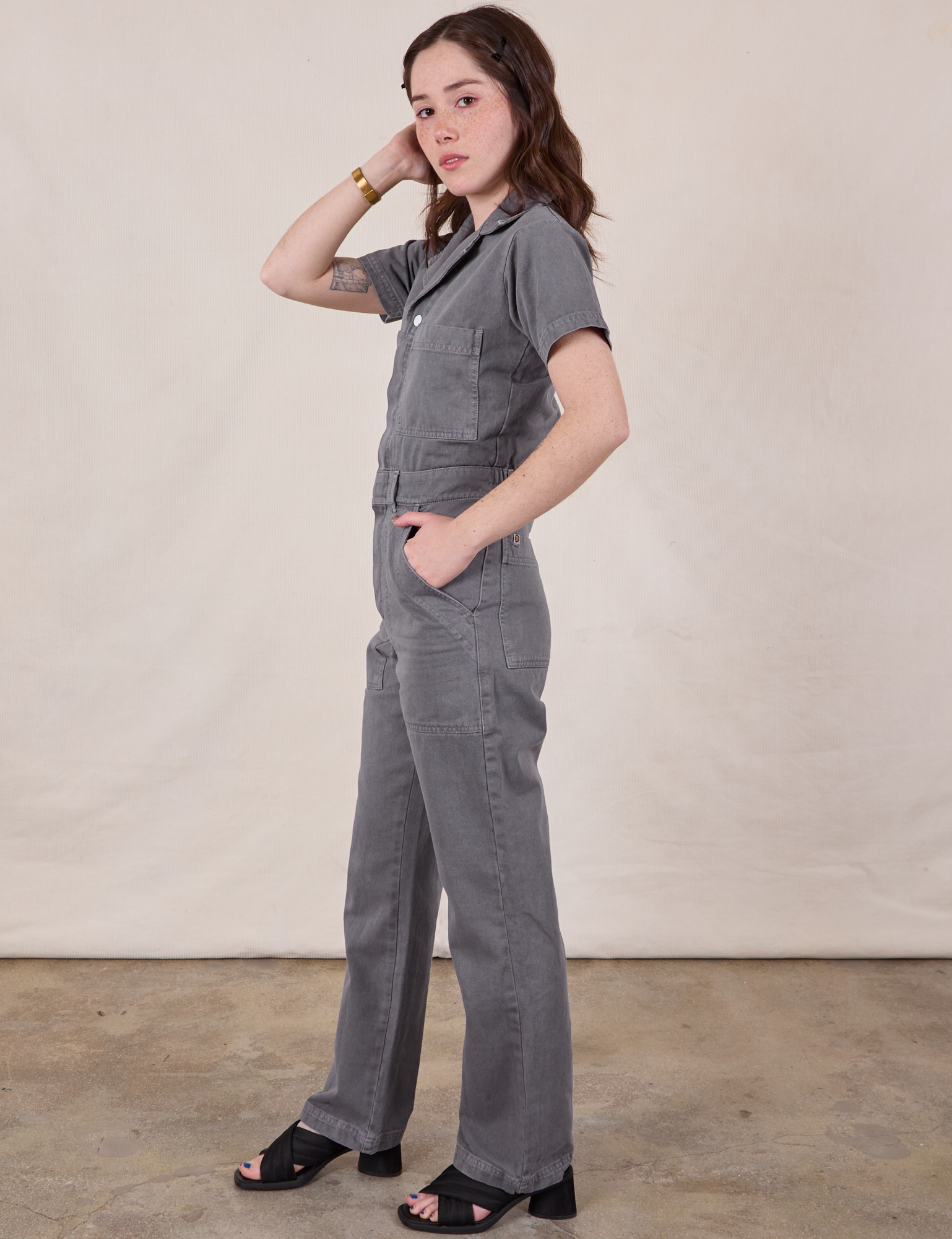 Short Sleeve Jumpsuit in Washed Grey side view on Hana