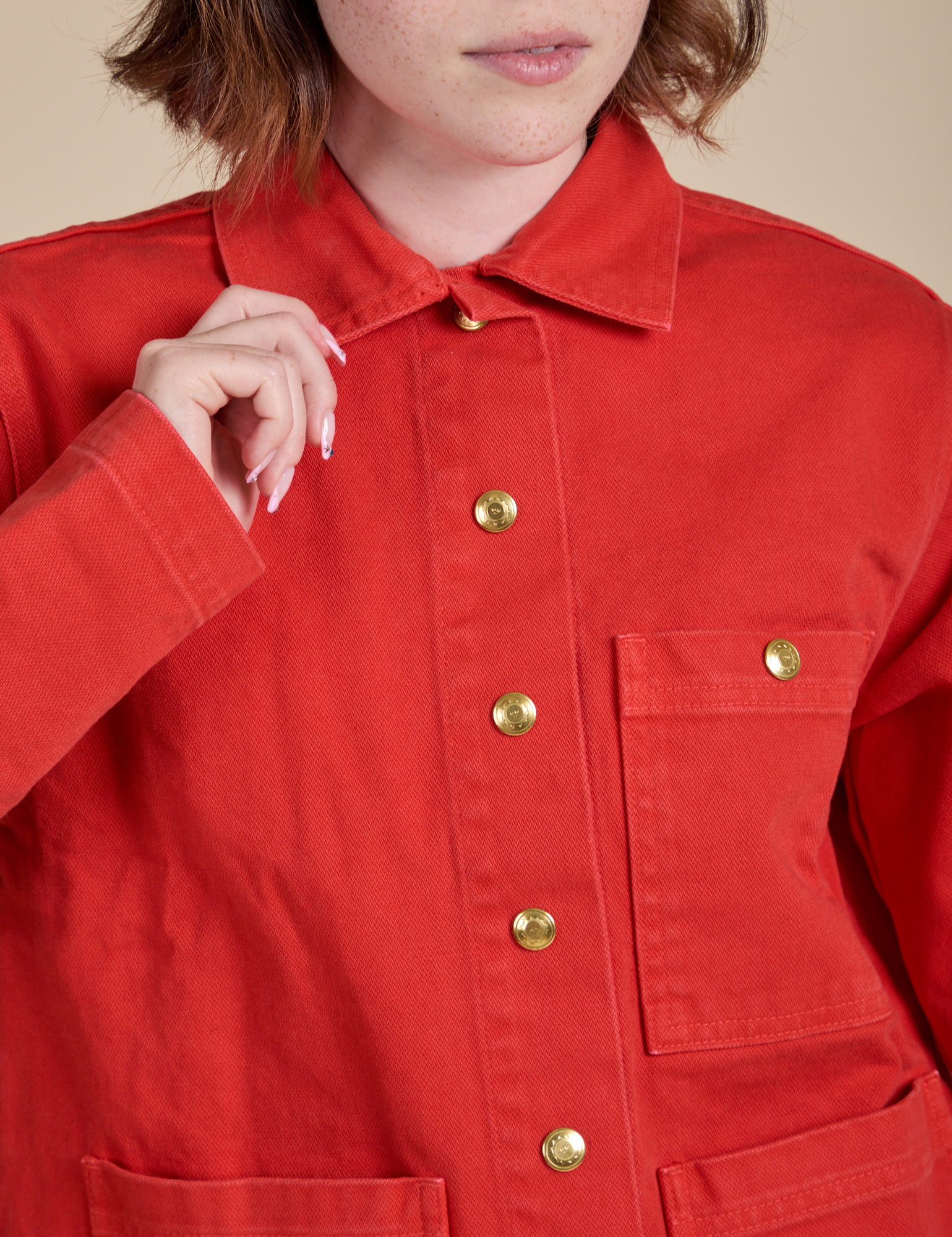 Denim Work Jacket in Mustang Red close up on Hana