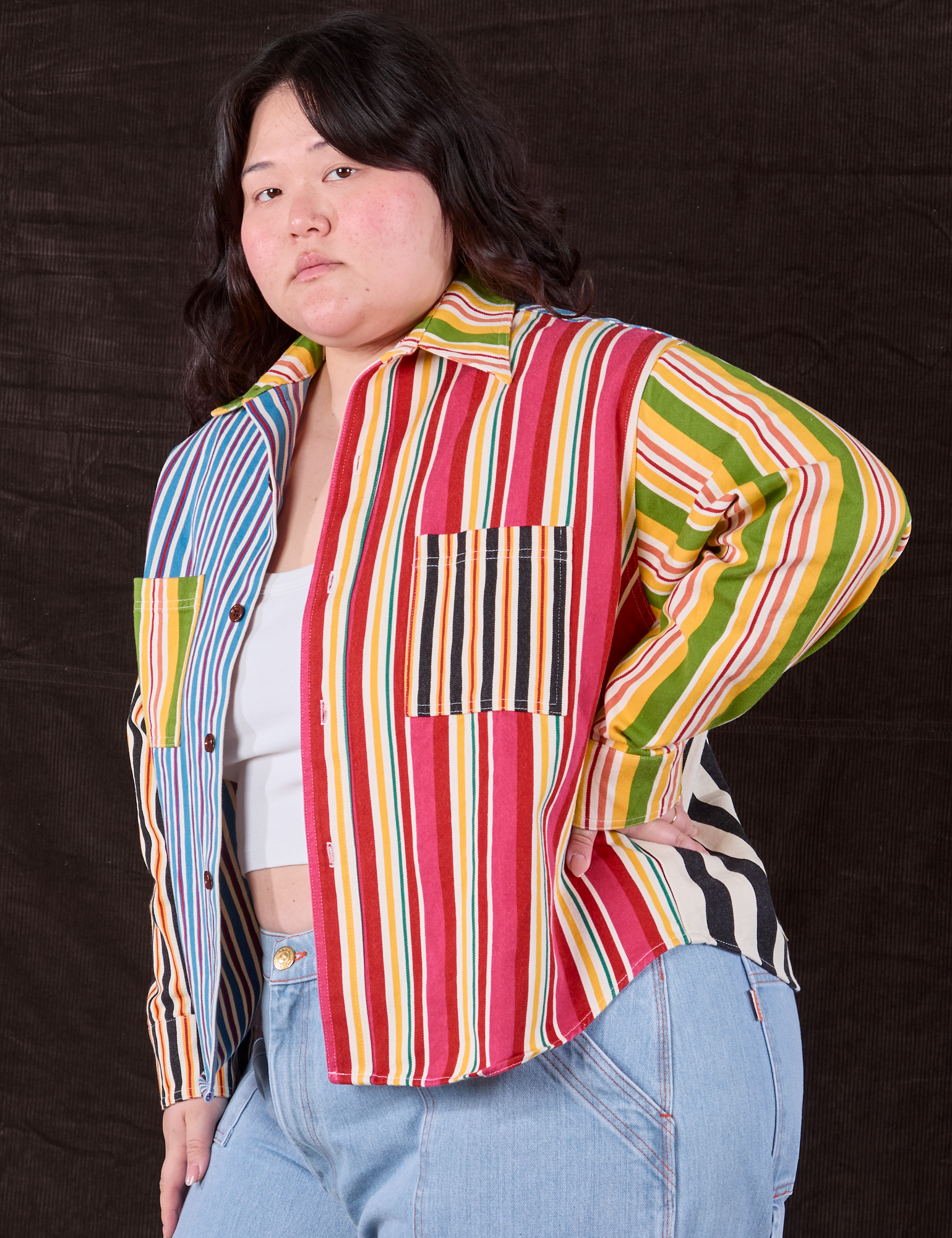 Cropped Overshirt in Mixed Stripe angled front view on Ashley