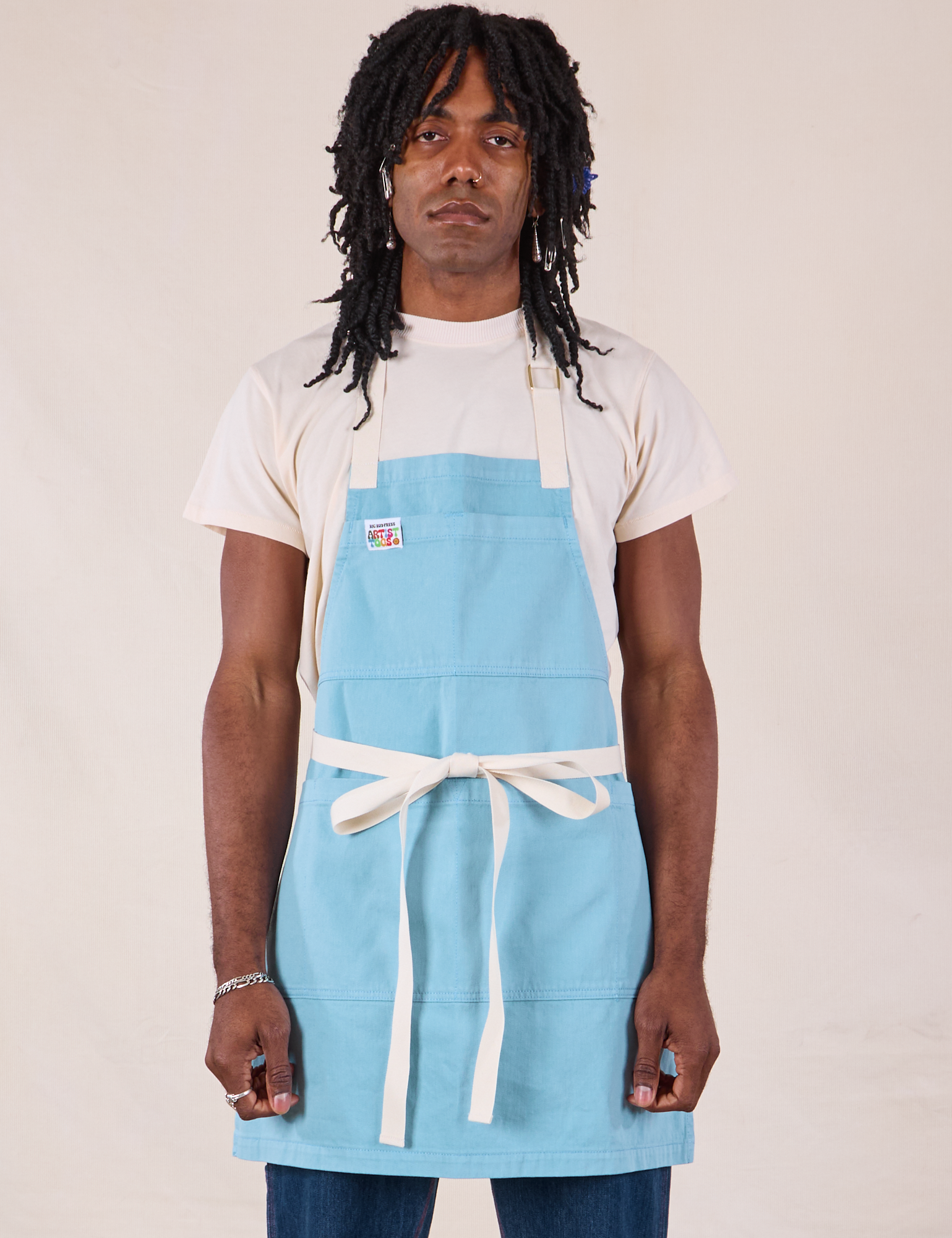 Full Denim Apron in Baby Blue worn by Jerrod