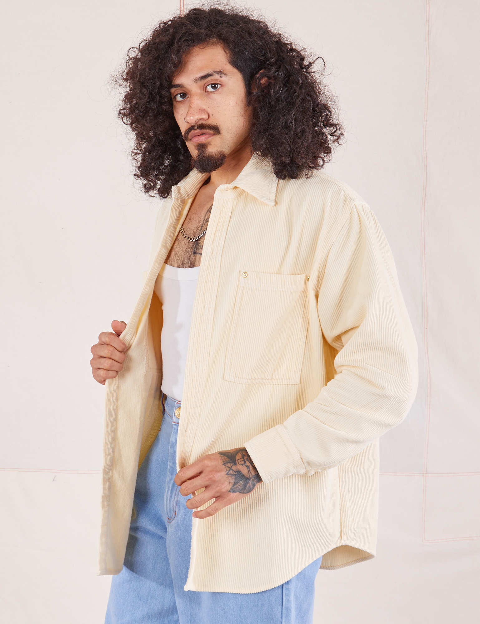Angled front view of Corduroy Overshirt in Vintage Off-White on Jesse