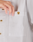 Front top pocket close up of Denim Work Jacket in Dishwater White