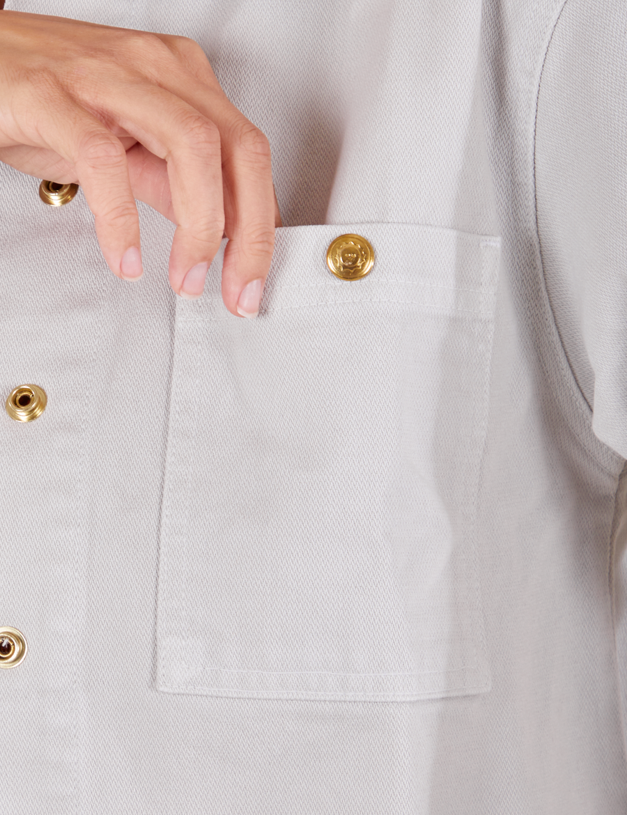 Front top pocket close up of Denim Work Jacket in Dishwater White