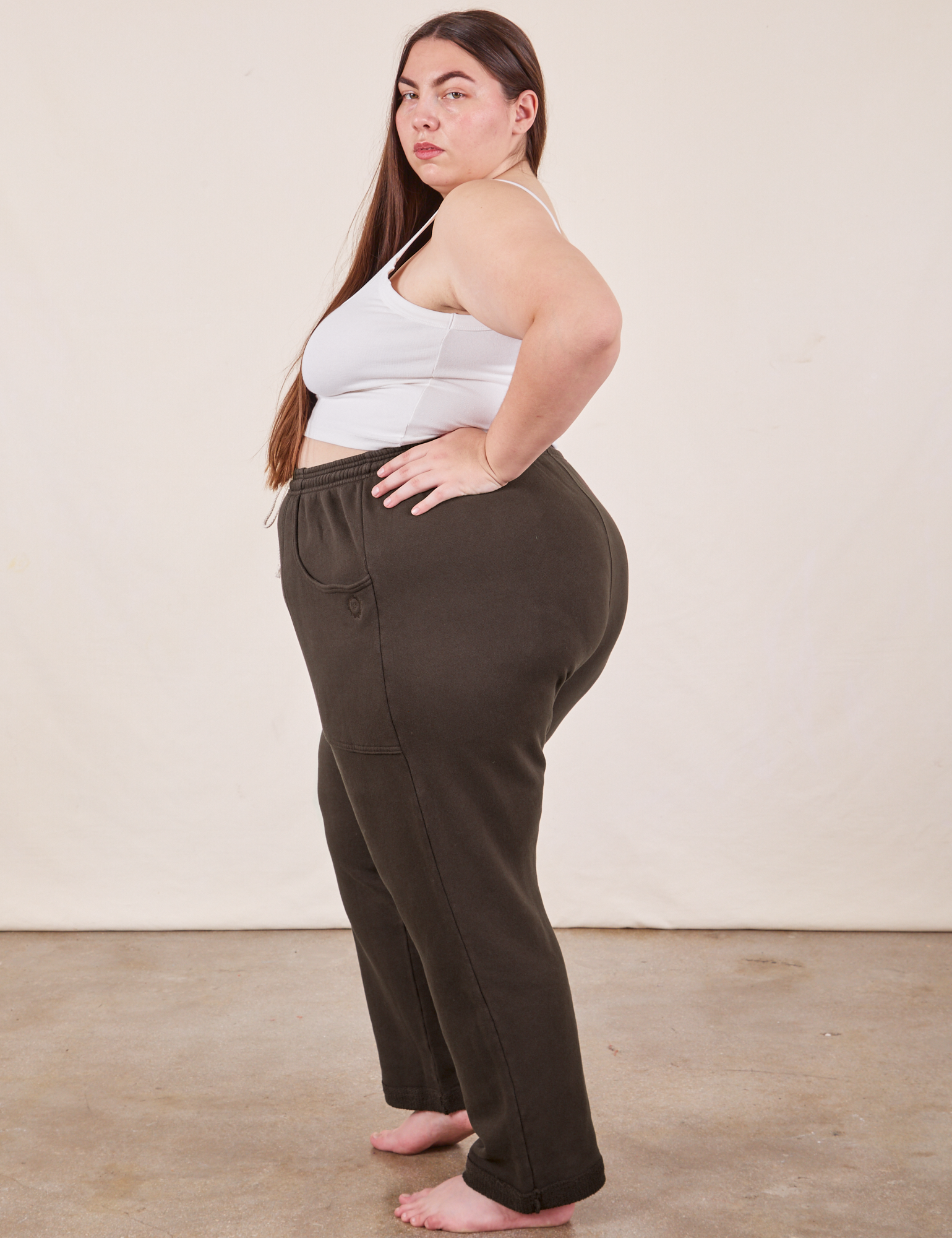 Side view of Cropped Rolled Cuff Sweatpants in Espresso Brown on Marielena