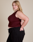Muscle Tee in Red Wine side view on Juliet