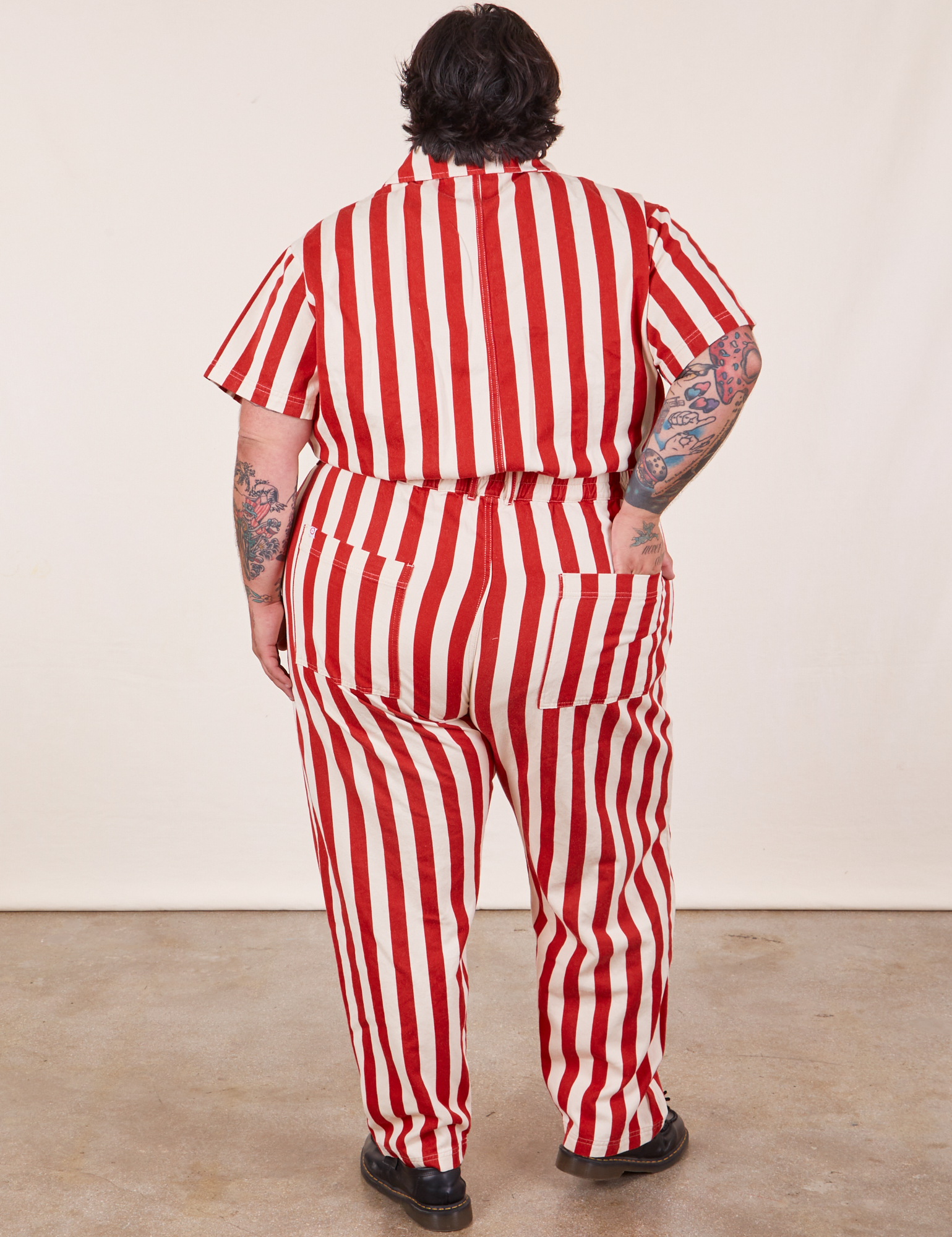 Back view of Cherry Stripe Jumpsuit on Sam