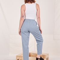 Back view of Organic Trousers in Periwinkle worn by Alex