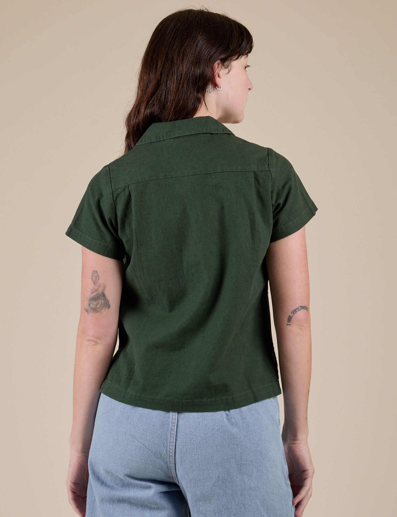 Pantry Button-Up in Swamp Green back view on Alex