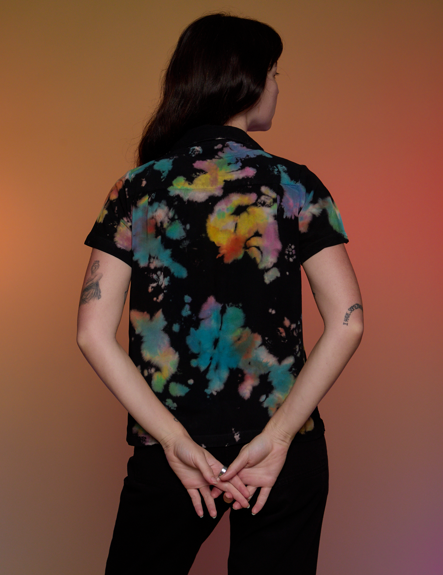 Pantry Button-Up in Rainbow Magic Waters back view on Alex