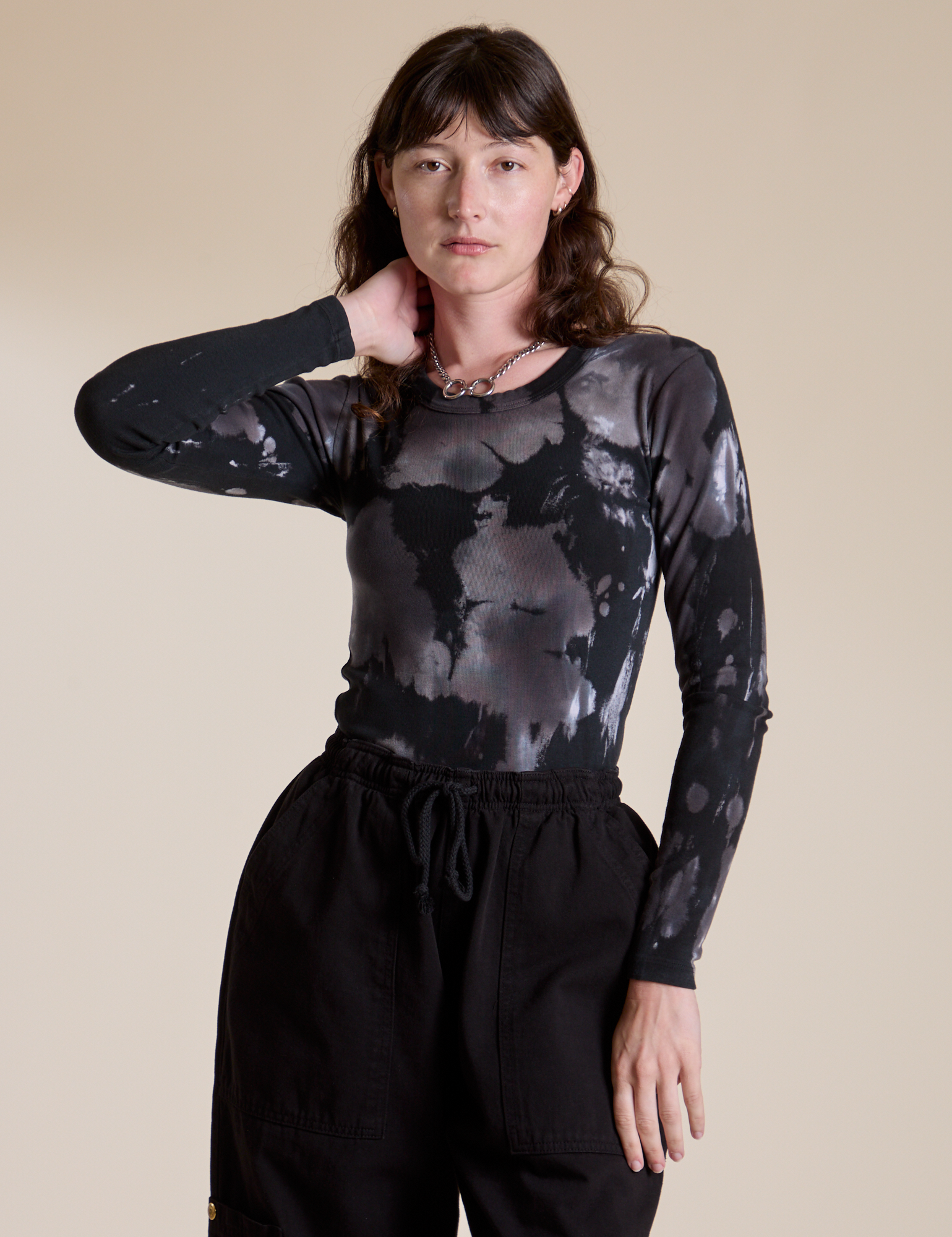 Long Sleeve Baby Tee in Ink Blot on Alex