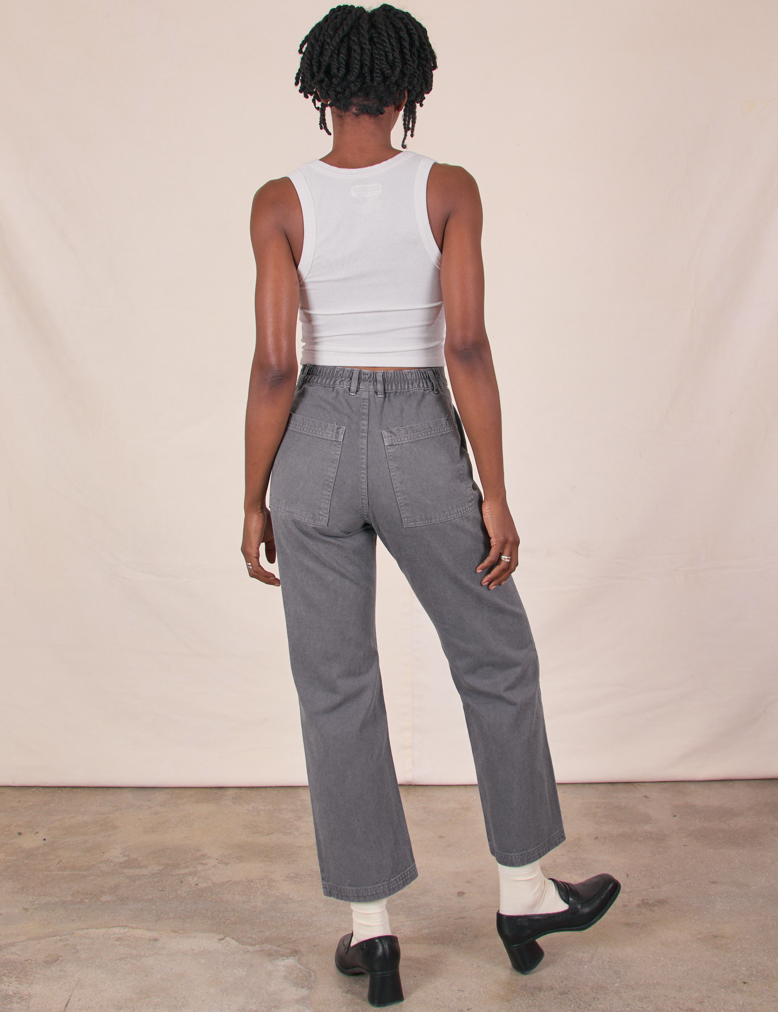 Work Pants in Washed Grey back view on Cheyann