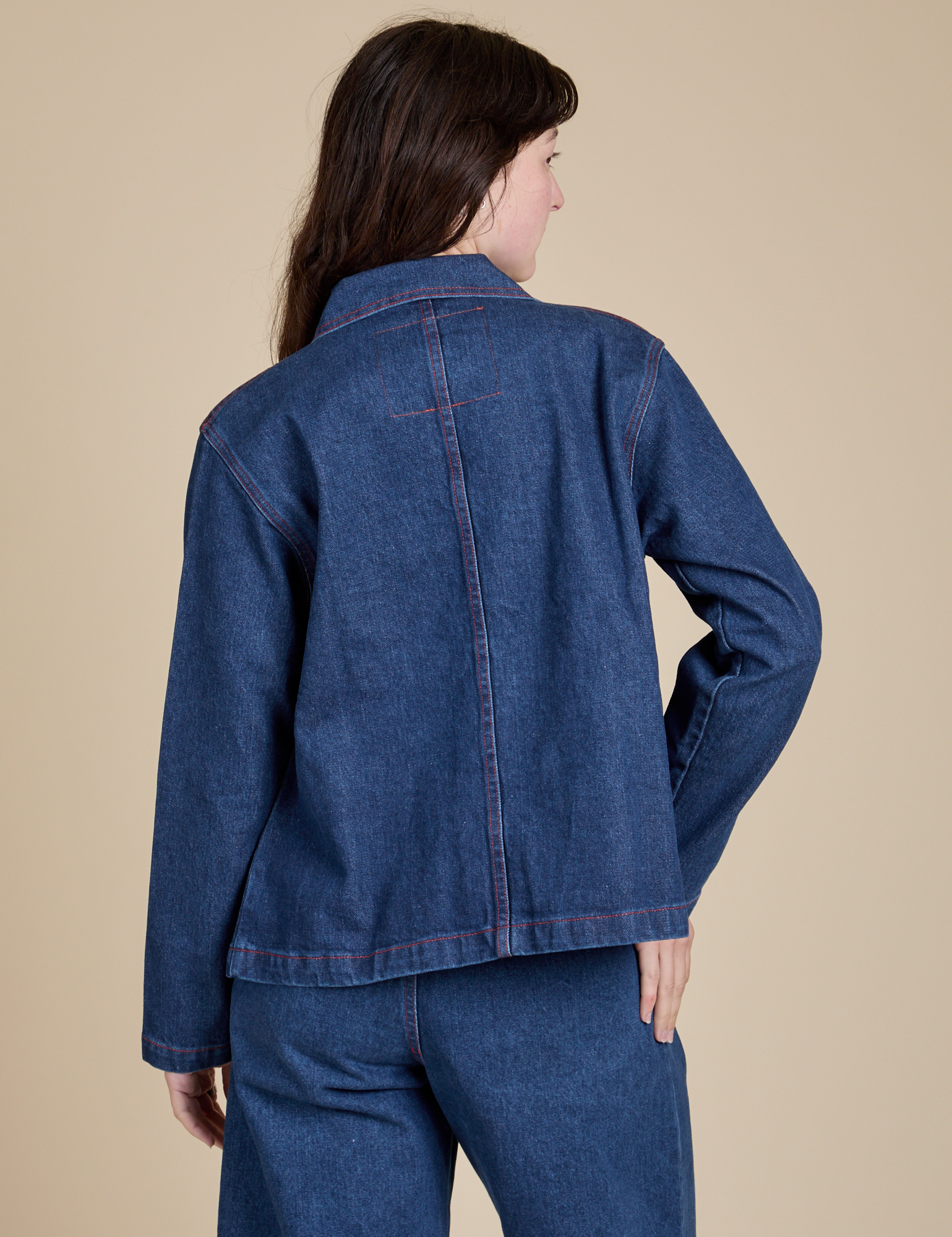 Indigo Denim Work Jacket in Dark Wash back view on Alex