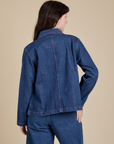 Indigo Denim Work Jacket in Dark Wash back view on Alex