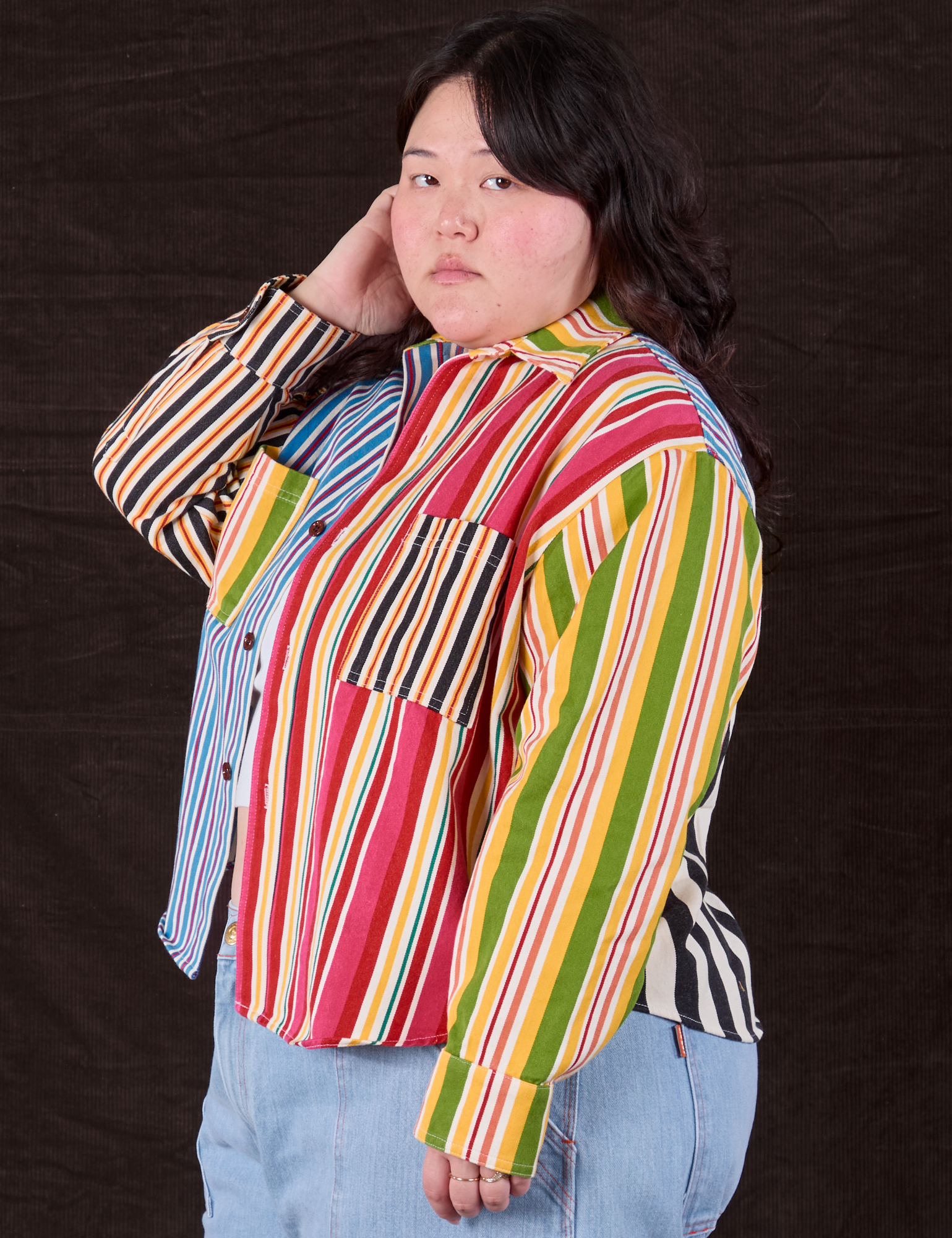 Cropped Overshirt in Mixed Stripe worn by Ashley