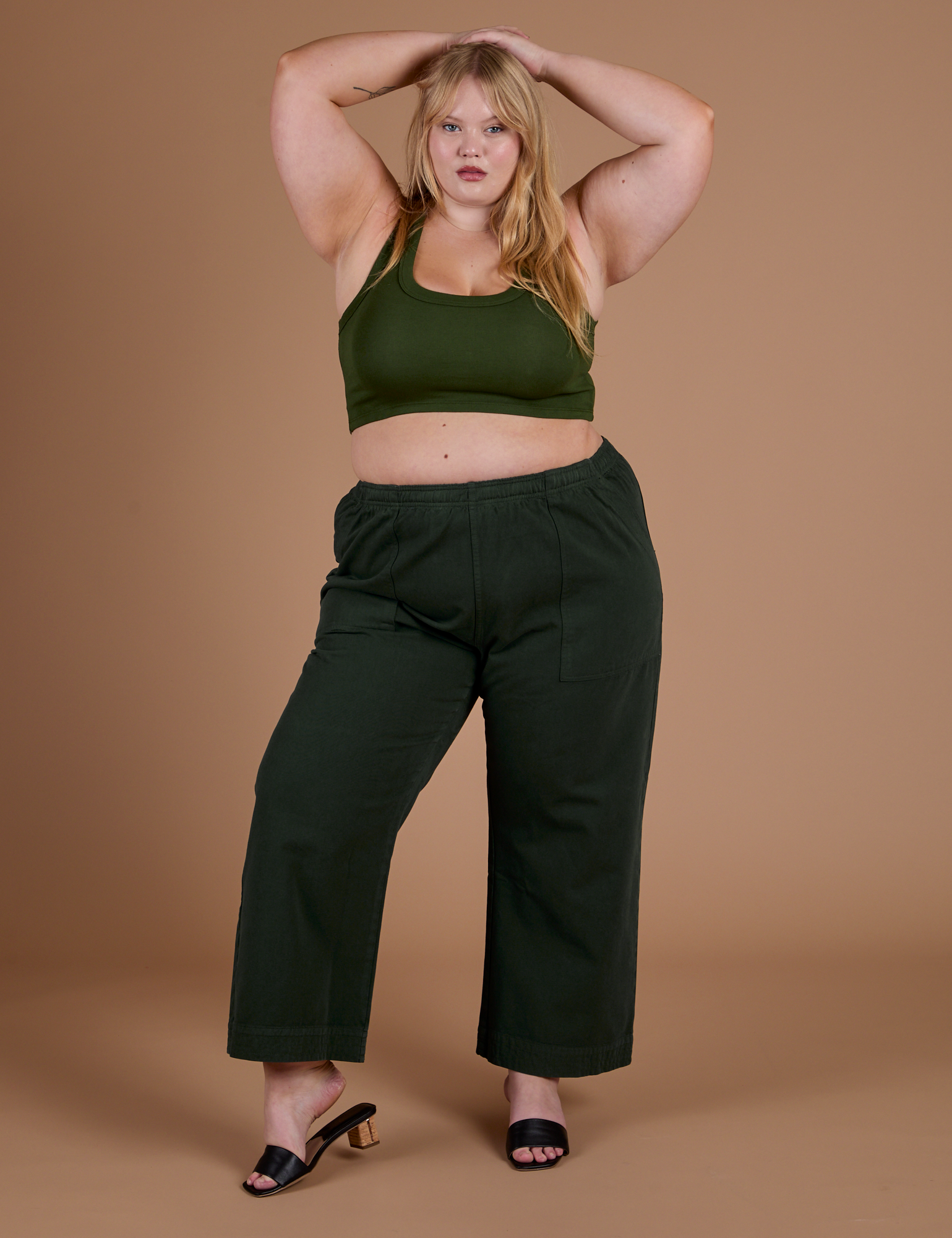 Action Pants in Swamp Green and evergreen Mini Tank on Juliet
