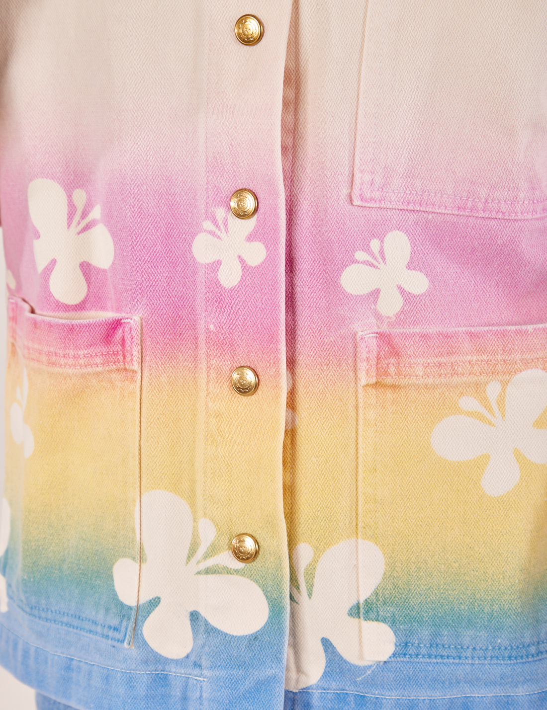 Work Jacket in Butterfly Airbrush front close up. Airbrush gradient in blue, yellow, and pink with butterfly silhouettes.