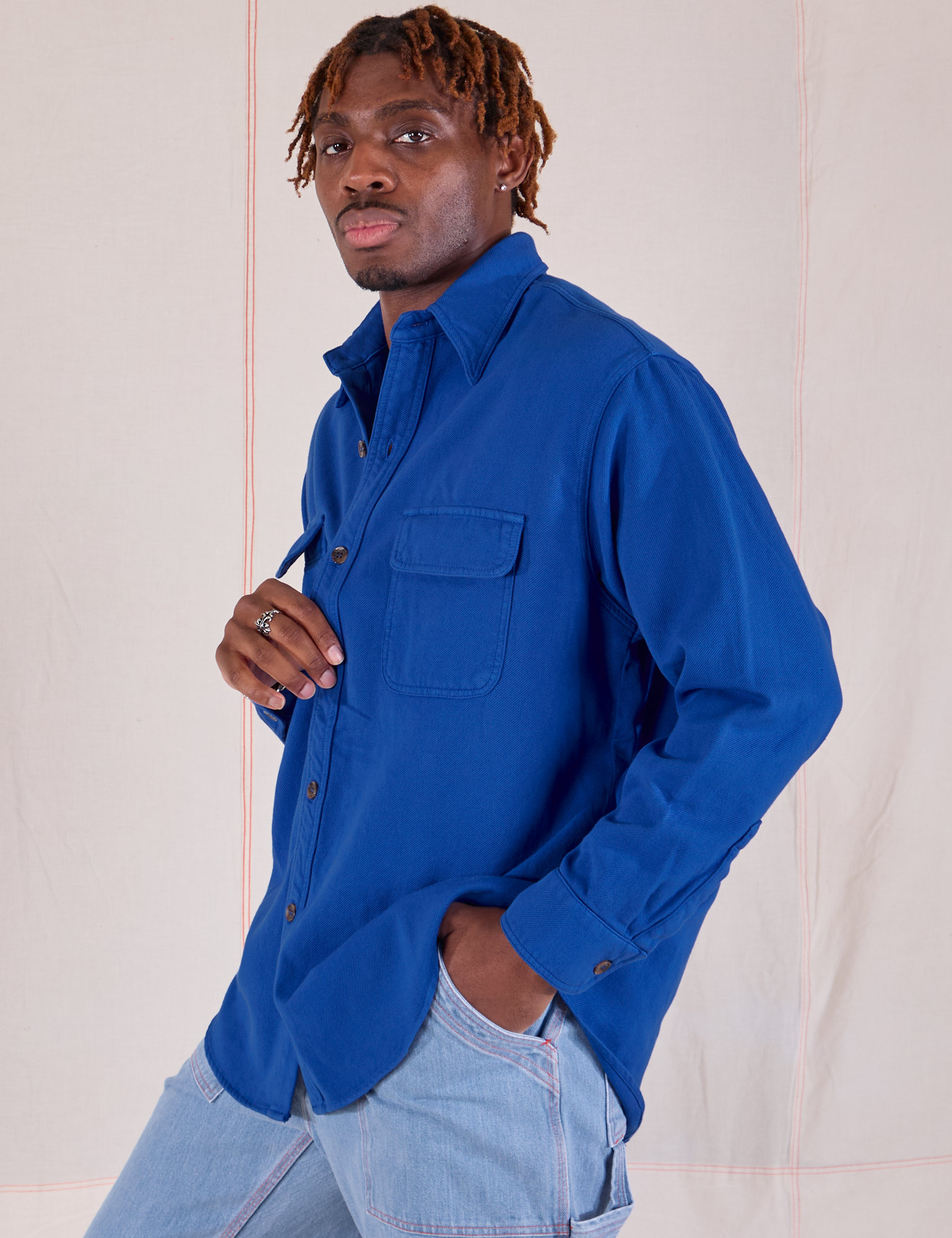 Flannel Overshirt in Royal Blue side view on Isaac