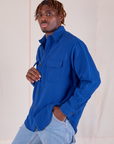 Flannel Overshirt in Royal Blue side view on Isaac