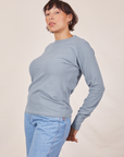 Angled view of Honeycomb Thermal in Periwinkle worn by Tiara