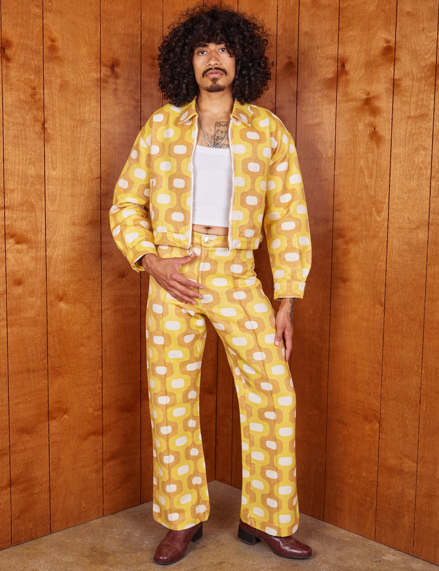 Jesse is wearing Jacquard Ricky Jacket in Yellow and matching Western Pants