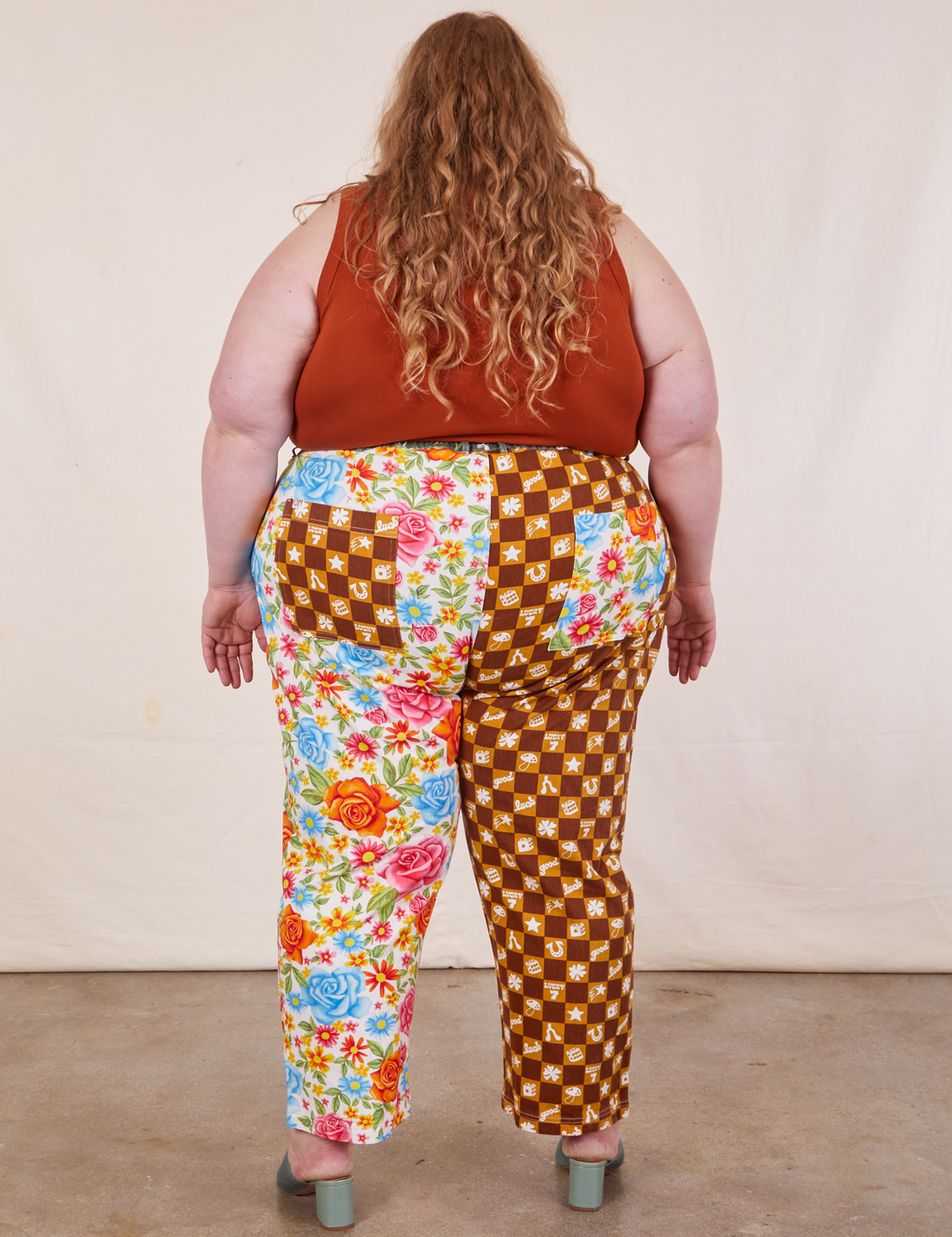 Mismatched Print Work Pants back view on Catie