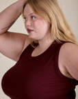 Muscle Tee in Red Wine side view close up on Juliet