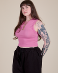 Angled front view of Muscle Tee in Bubblegum Pink on Sydney