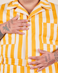 Lemon Stripe Jumpsuit front close up on Sam