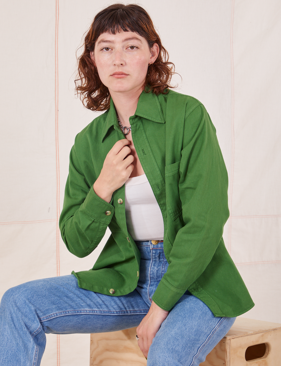 Alex is wearing size P Oversize Overshirt in Lawn Green