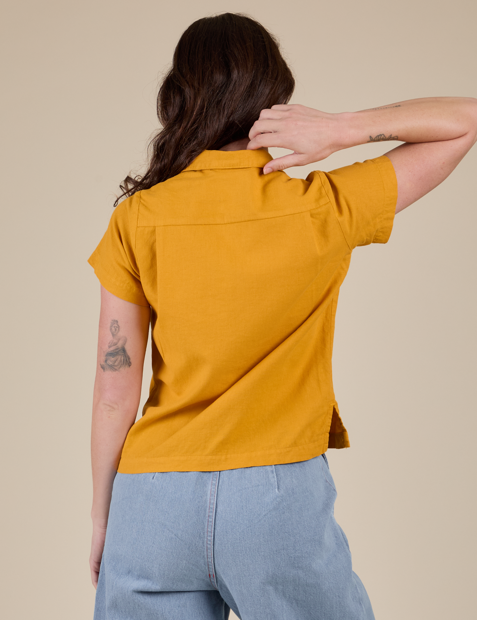 Pantry Button-Up in Mustard Yellow back view on Alex