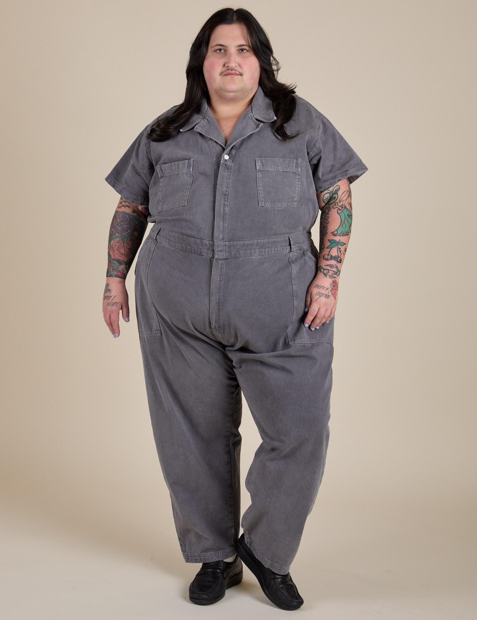 Sam is 5'10" and wearing 4XL Short Sleeve Jumpsuit in Washed Grey