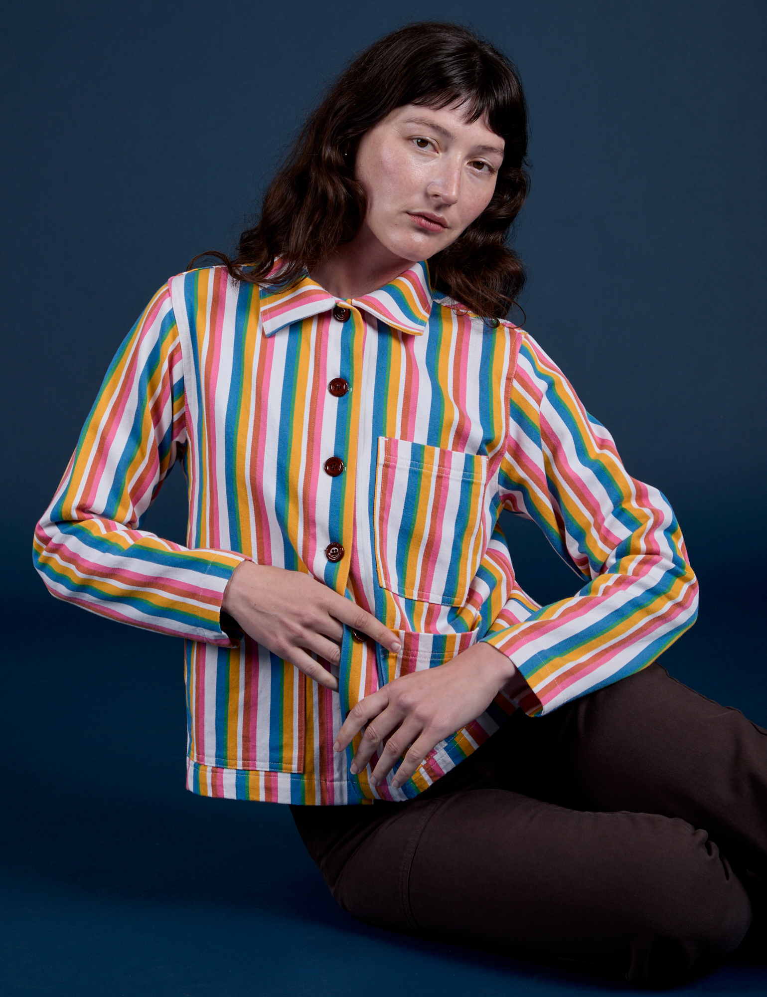 Stripe Work Jacket in Rainbow Stripe on Alex