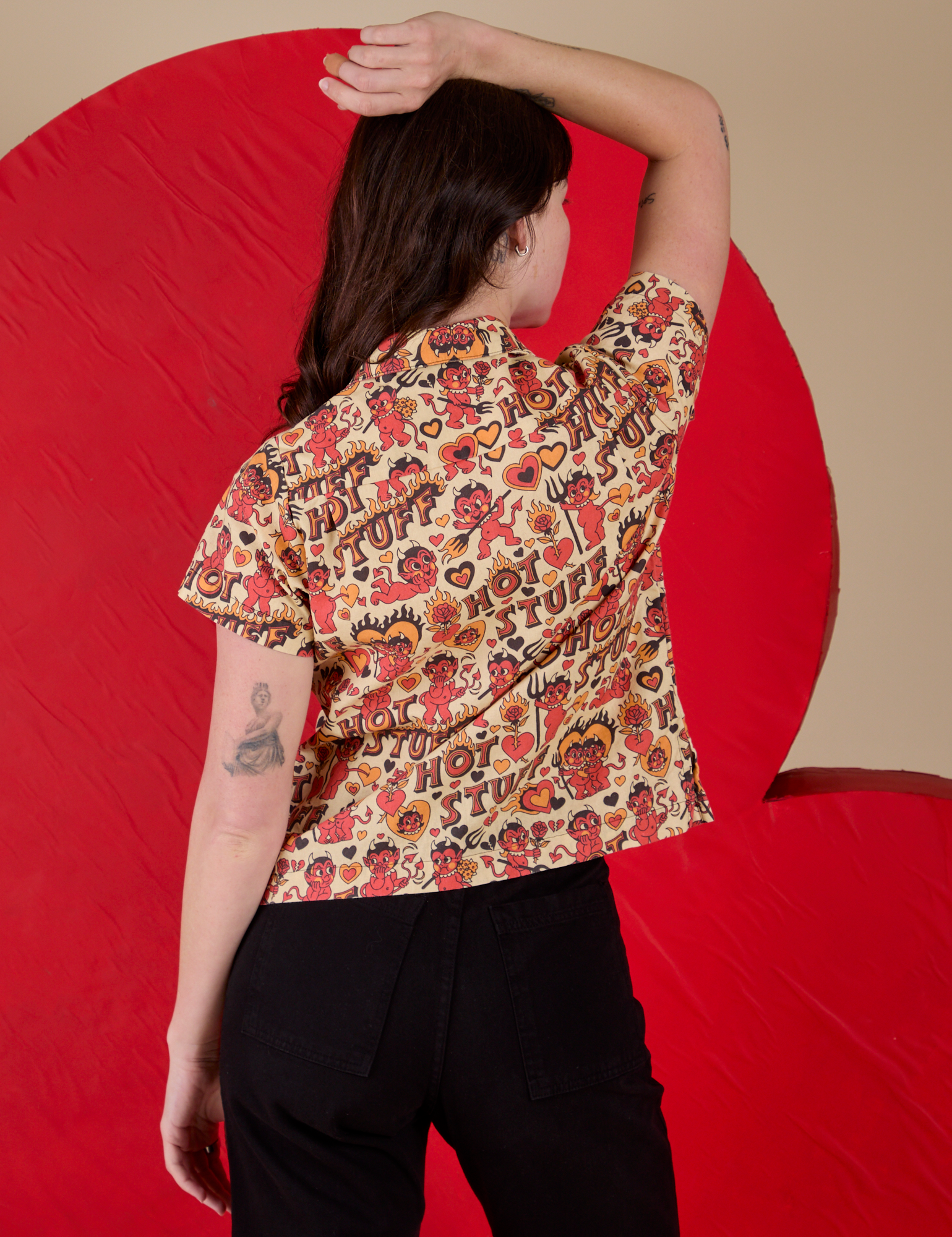 Back view of Hot Stuff Print Pantry Button-Up on Alex