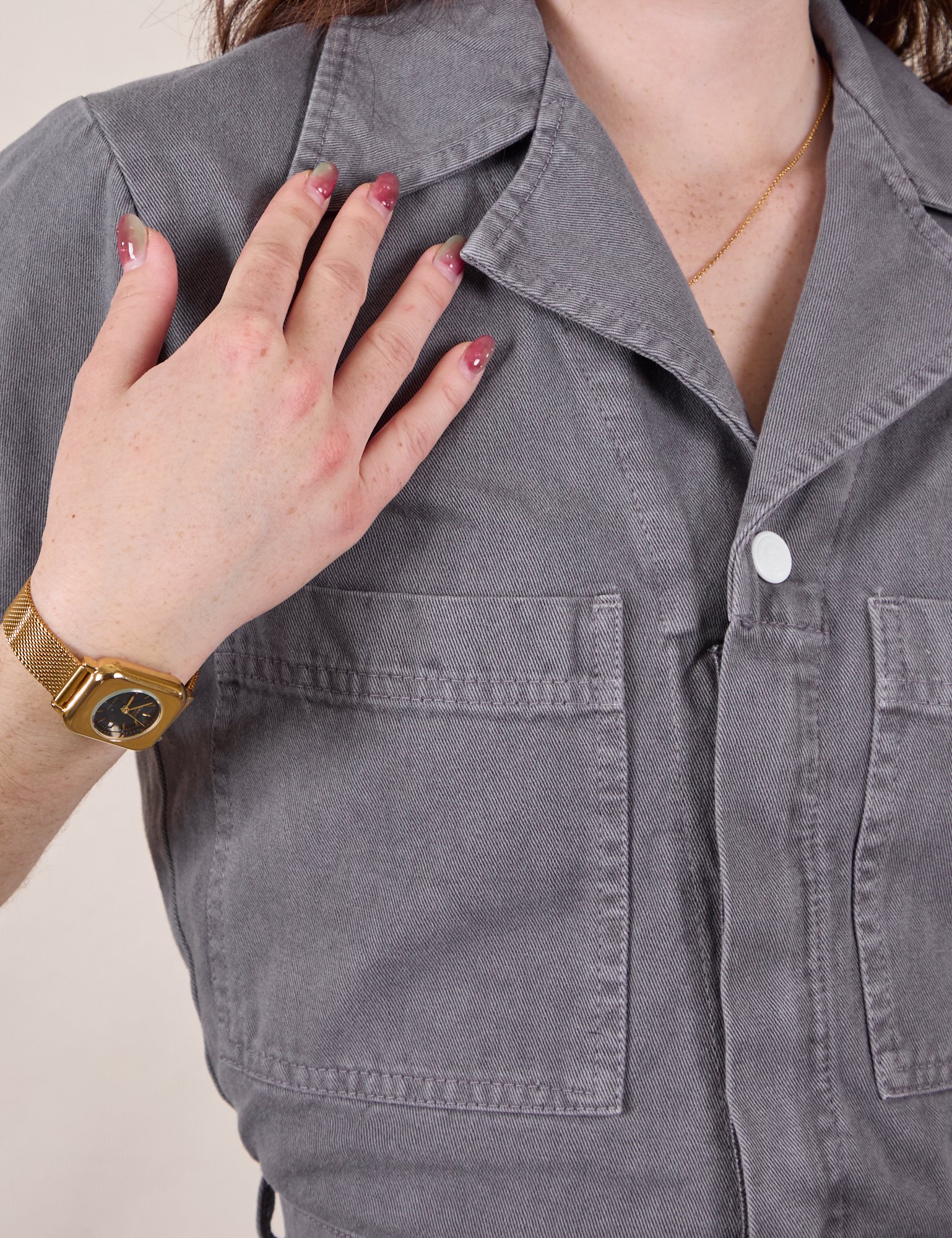 Front close up of Short Sleeve Jumpsuit in Washed Grey on Hana