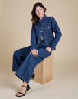 Indigo Denim Work Jacket in Dark Wash and Indigo Wide Leg Trousers in Dark Wash on Alex