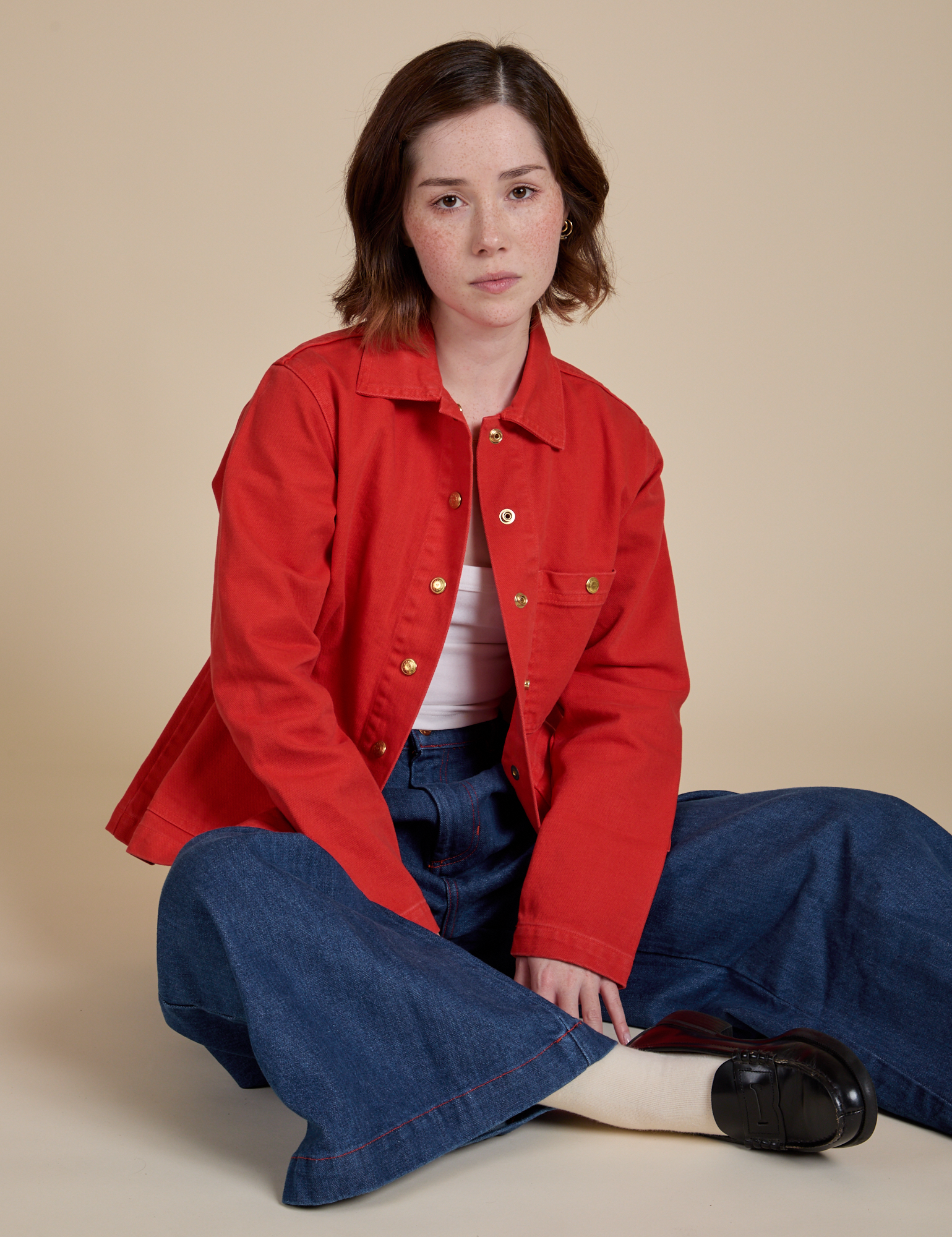 Denim Work Jacket in Mustang Red worn by Hana