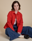 Denim Work Jacket in Mustang Red worn by Hana
