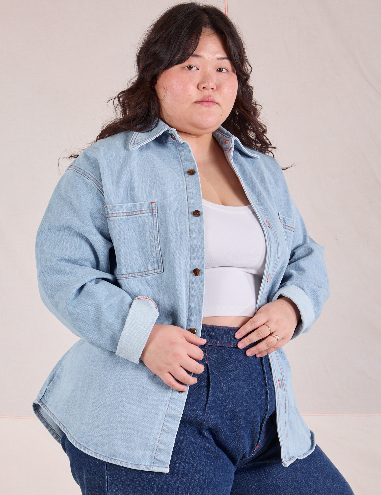 Denim Overshirt in Light Wash angled front view on Ashley