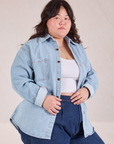 Denim Overshirt in Light Wash angled front view on Ashley