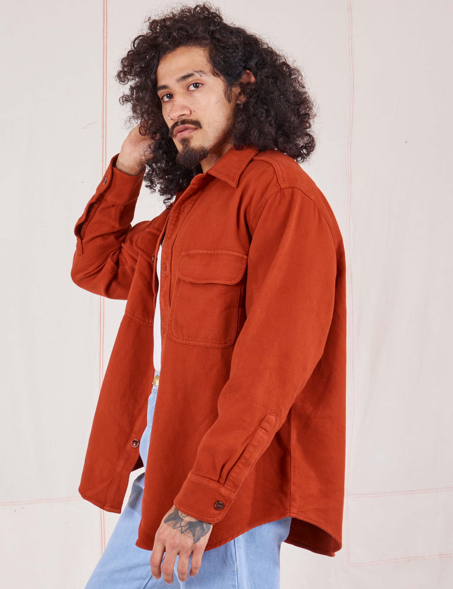 Side view of Flannel Overshirt in Paprika on Jesse