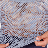 Front close up of Mesh Tank Top in Periwinkle worn by Jesse