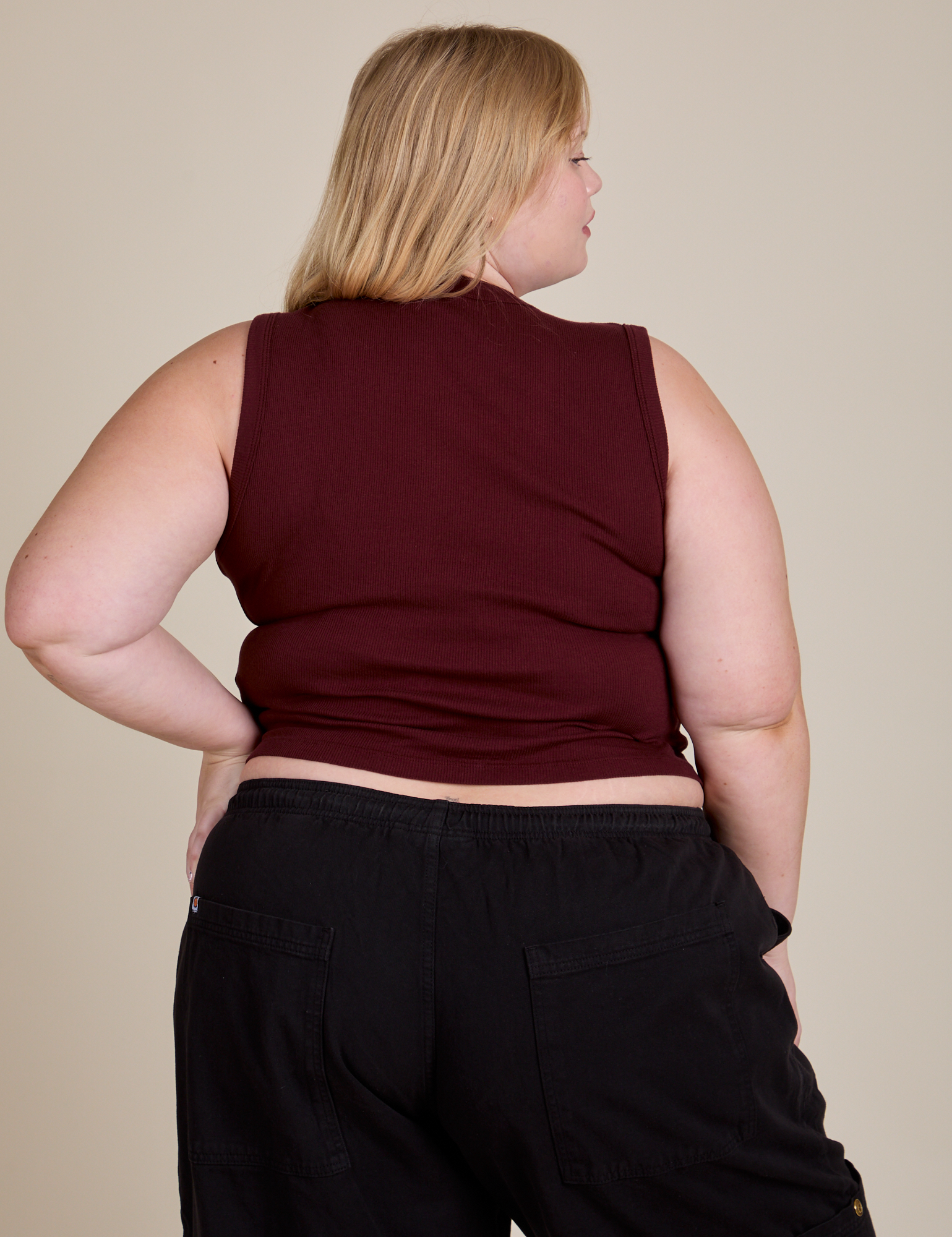 Muscle Tee in Red Wine back view on Juliet