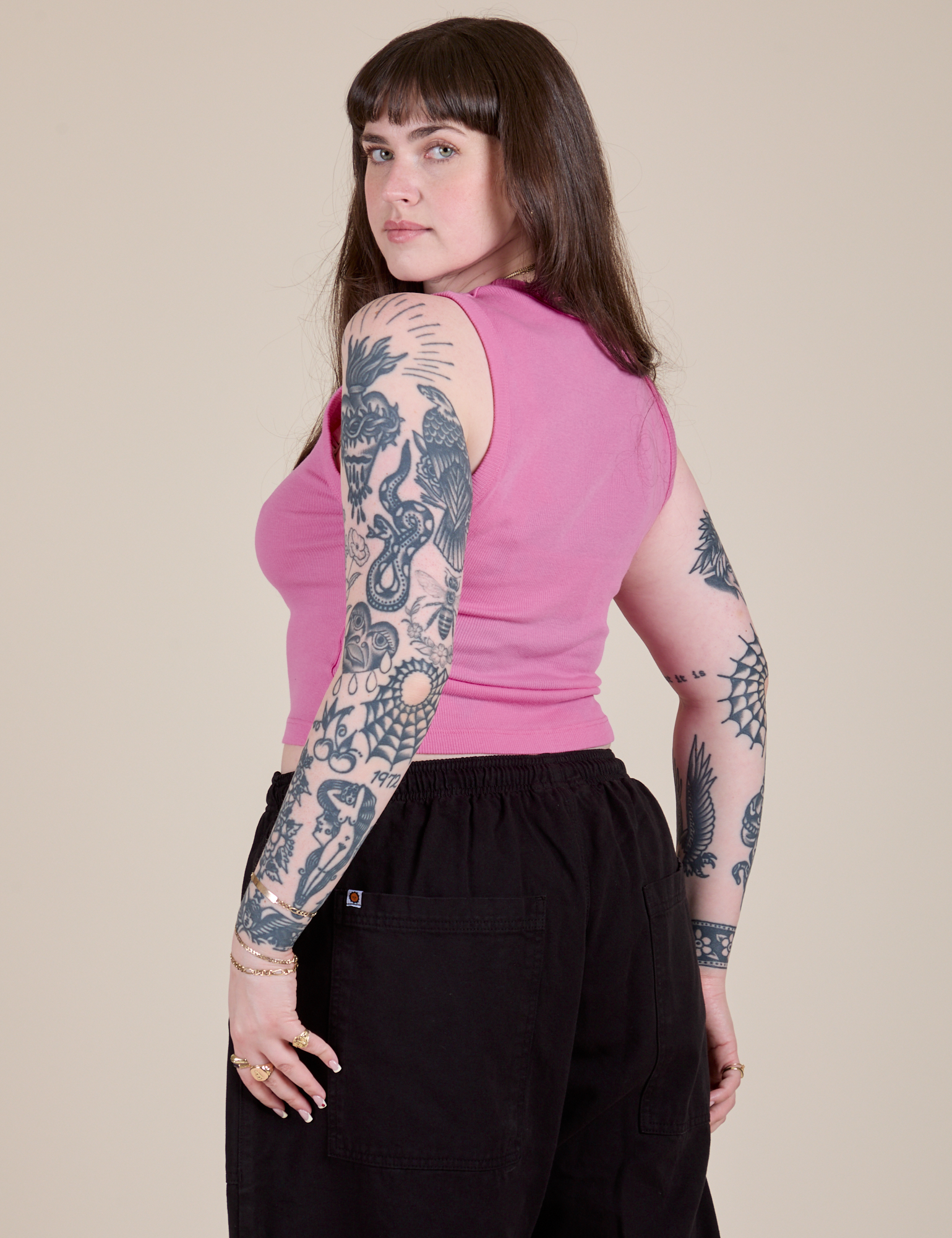 Muscle Tee in Bubblegum Pink angled back view on Sydney
