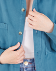 Front close up of Oversize Overshirt in Marine Blue on Hana