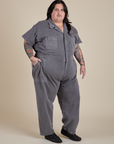 Angled front view of Short Sleeve Jumpsuit in Washed Grey on Sam
