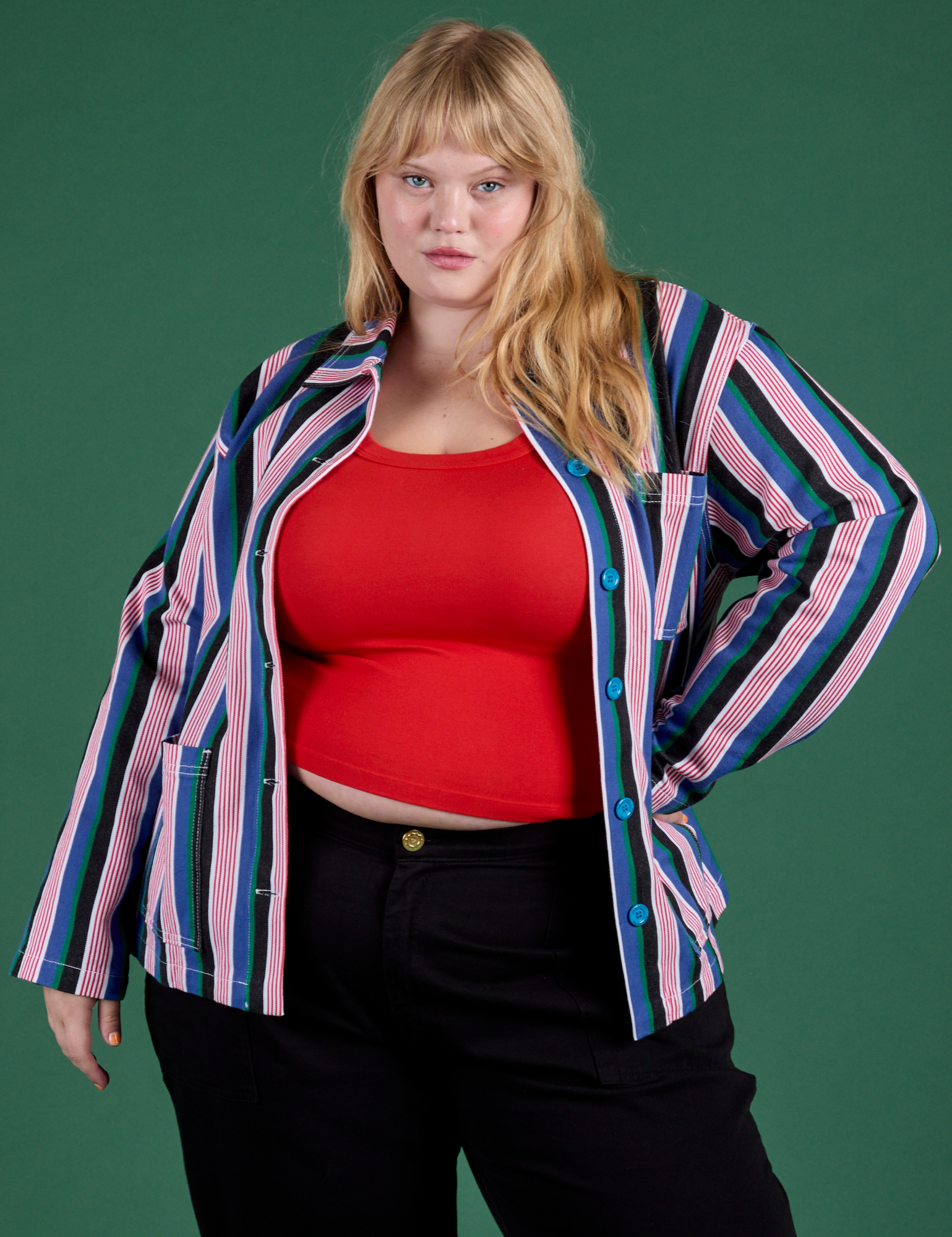Juliet is 5’7” and wearing L Stripe Work Jacket in Pacific Stripe