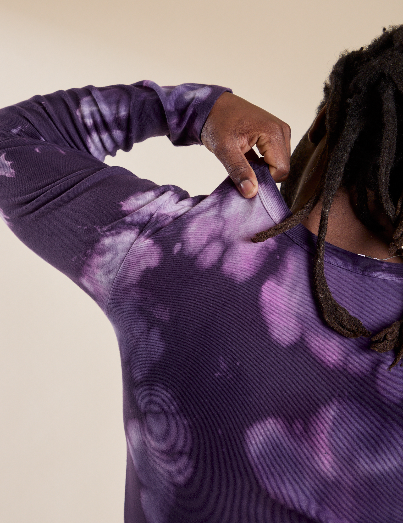 Long Sleeve Baby Tee in Dark Lavender back shoulder close up on Demi