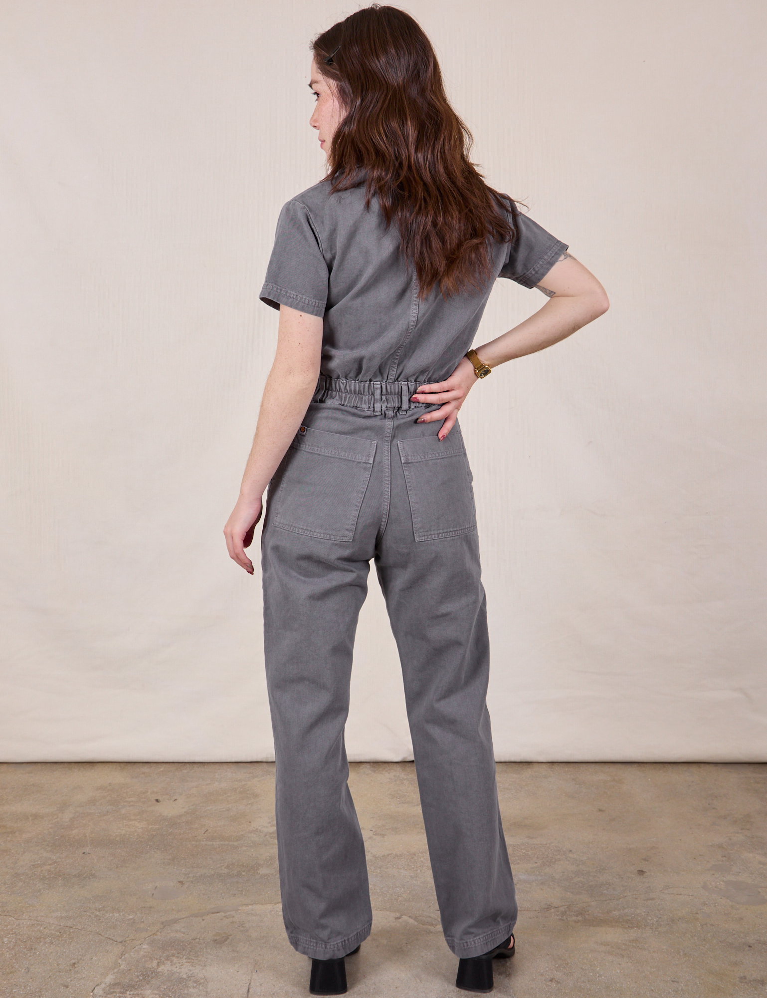 Short Sleeve Jumpsuit in Washed Grey back view on Hana