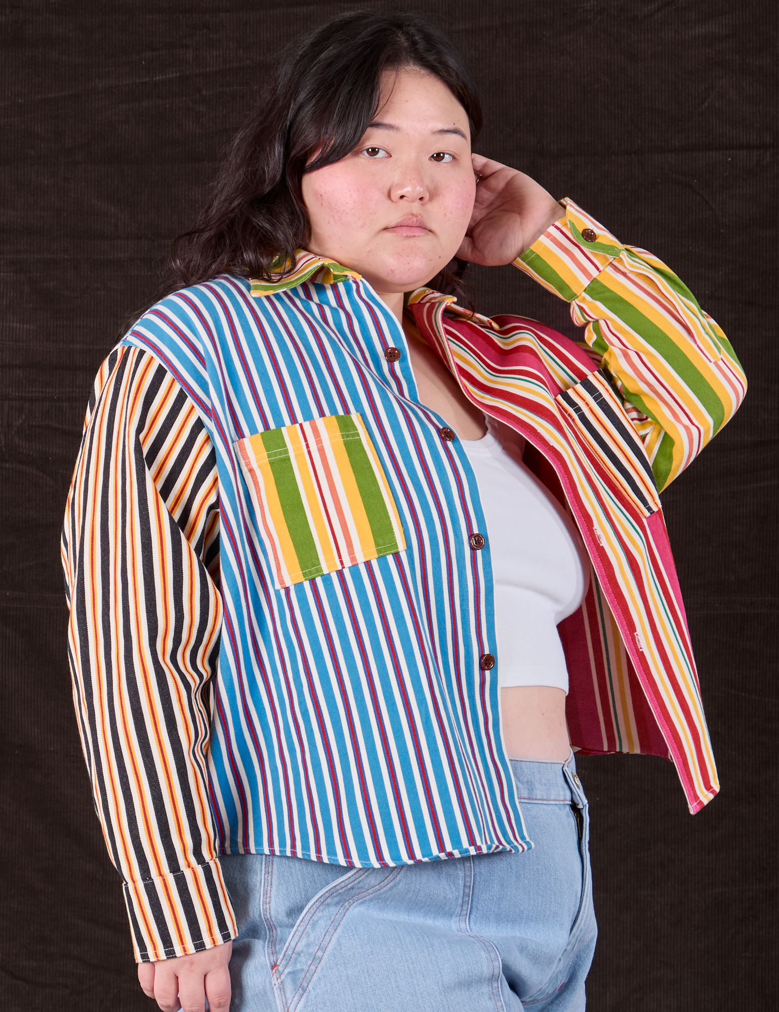 Cropped Overshirt in Mixed Stripe on Ashley